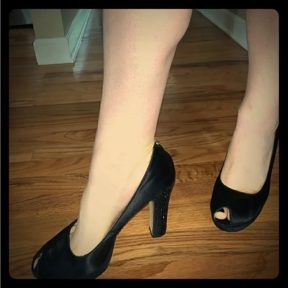 Michael Kors EUC Nadia Black Satin Crystal Heels with Peep Toe Heels